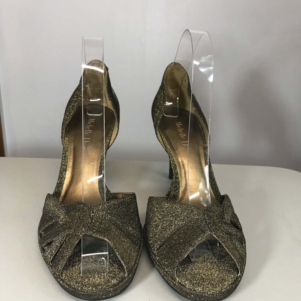 Michelle D Glitzy Glittery Gold Open Toe Heels